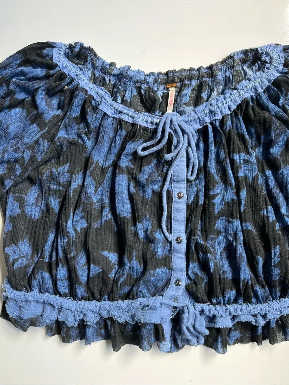 Free People perfect day Blue and Black Floral Smocked Crop Blouse